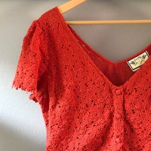 Coral Lace Button Up Peplum Top